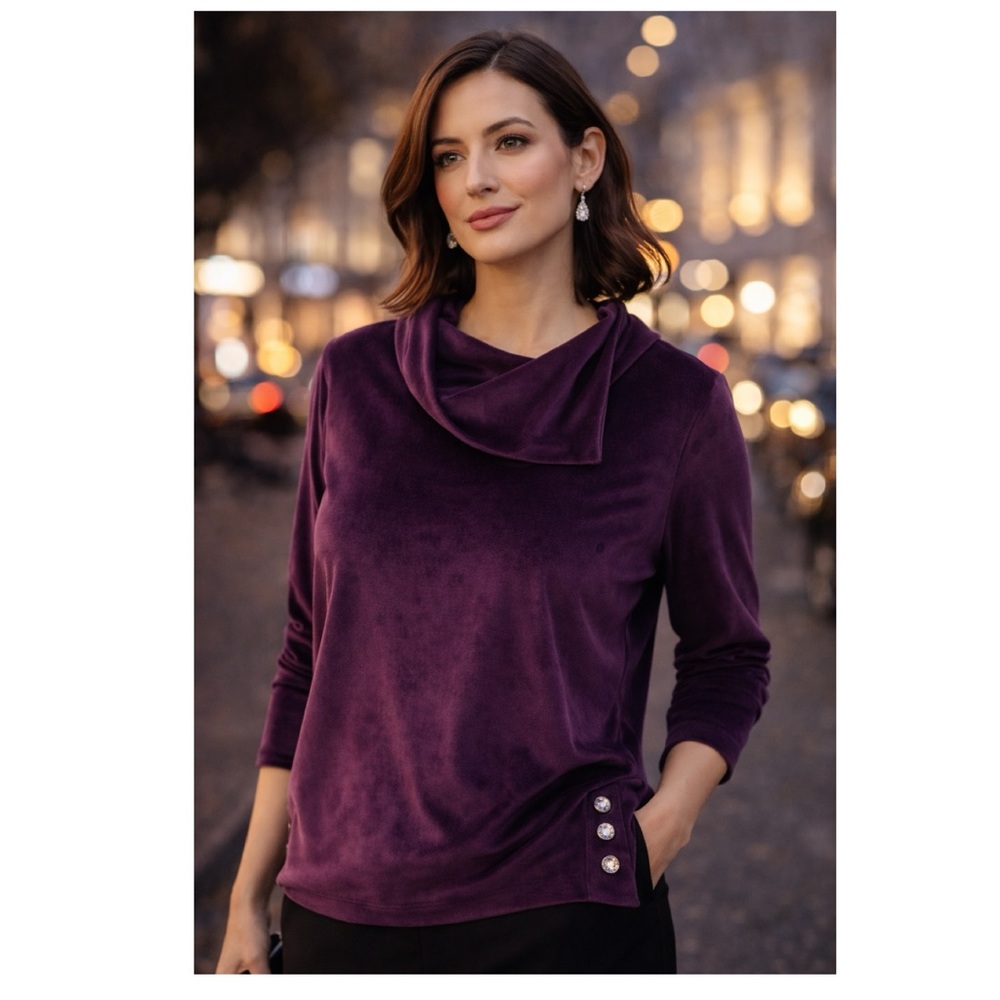 PENNANS Plum Velour Cowl Neck Top Sz L Rhinestone Detail Cozy Quiet Luxury Plush